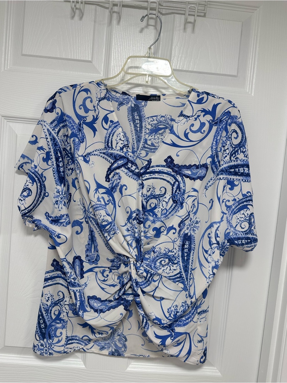 Ariella White and Blue Paisley Twist-Front Blouse